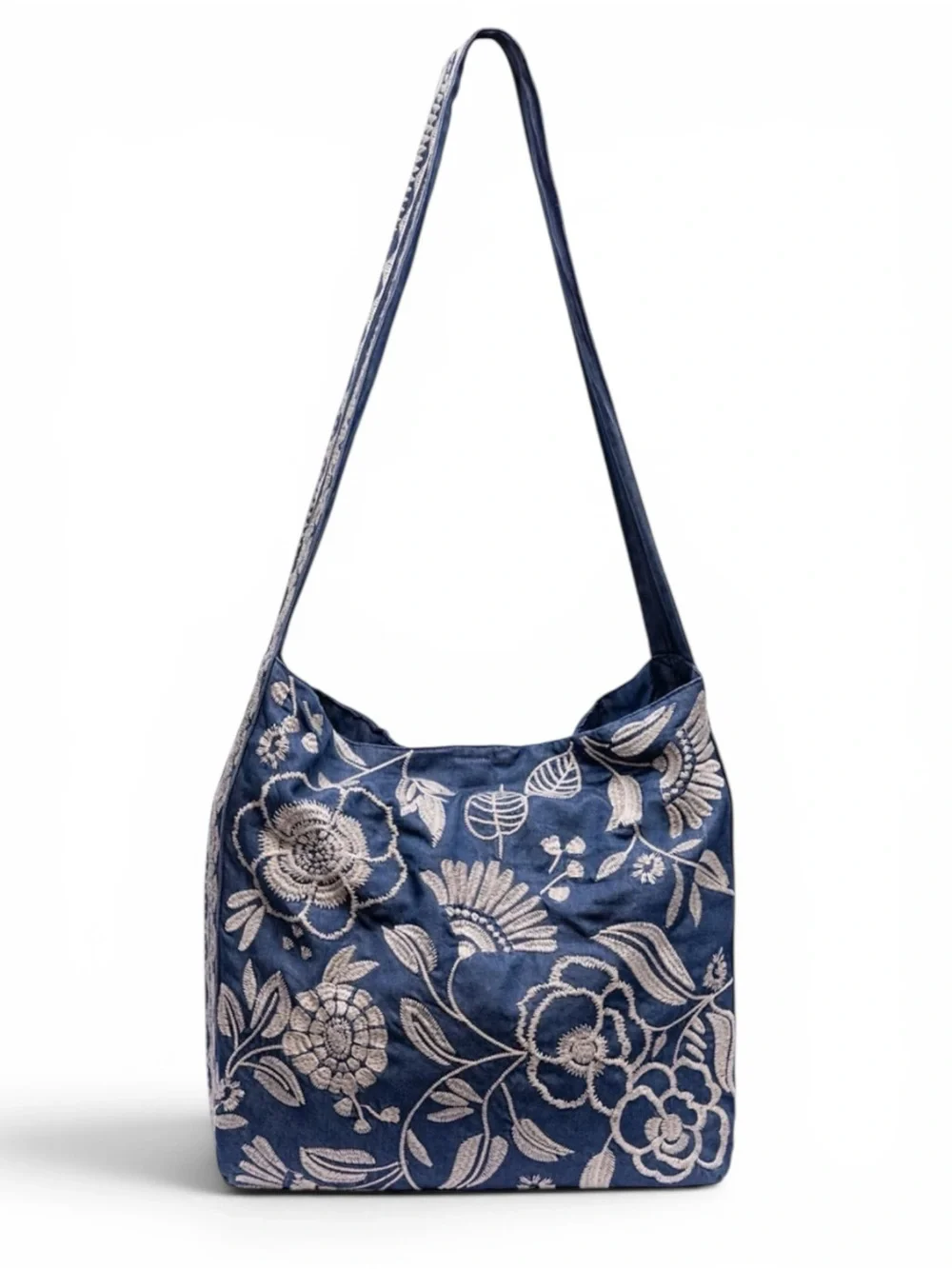 NWT Johnny Was Denim Embroidered Lucinda Wide Strap Slouchy Hobo Tote Bag $268